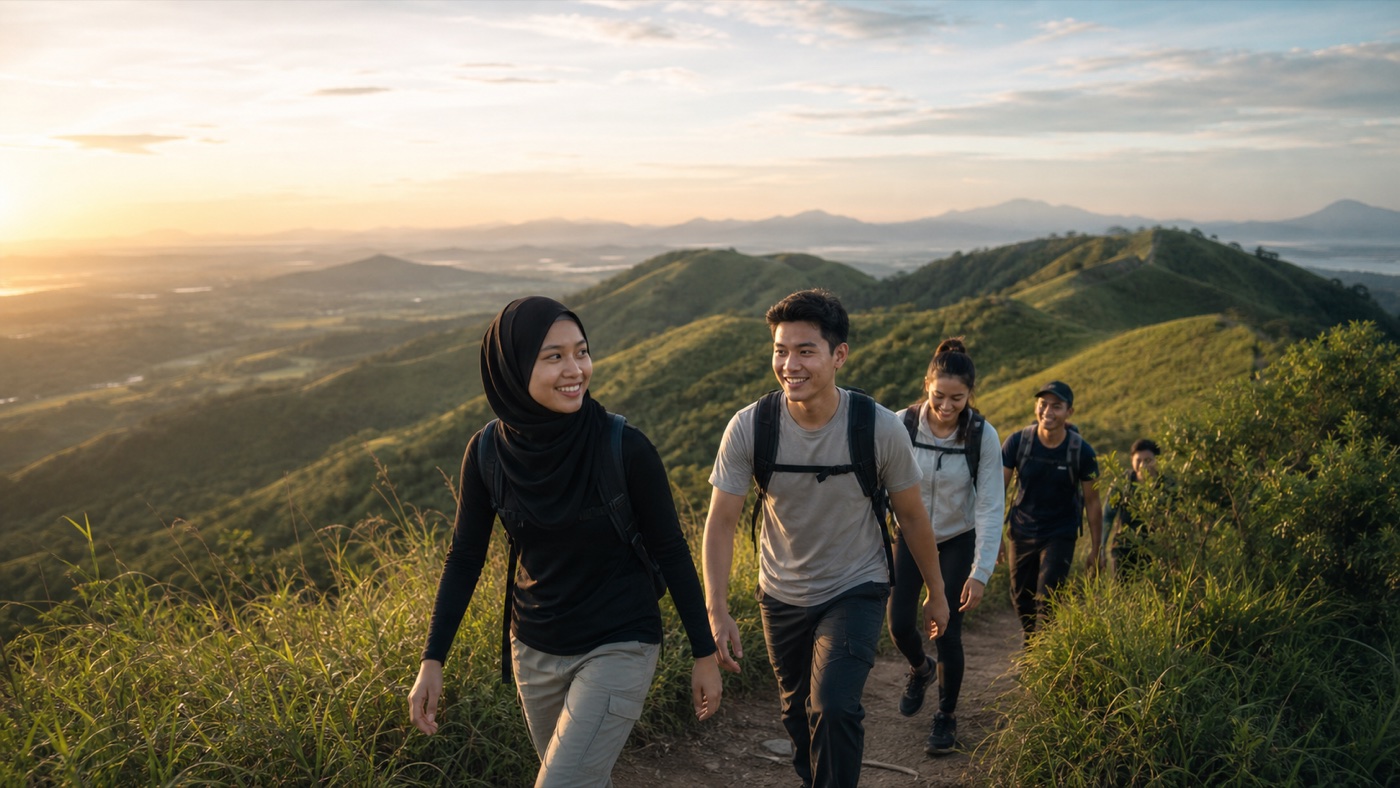 A group of Malaysian hikers walking along Bukit Broga at sunrise