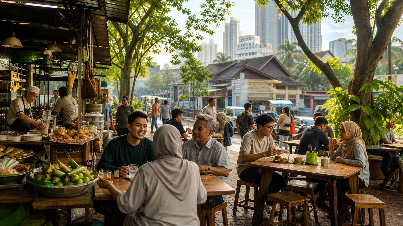 Neighbours having breakfast together at a Kuala Lumpur pasar pagi