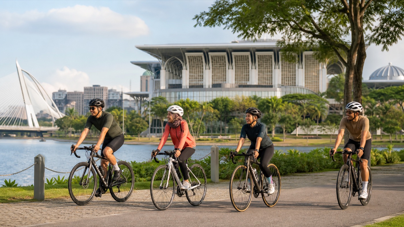 Malaysian recreational cyclists riding beside the lake in Putrajaya